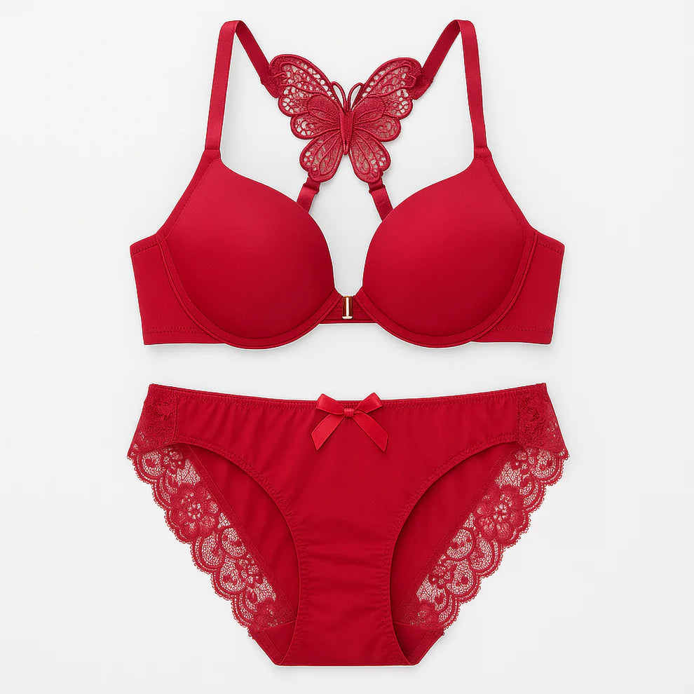 Front Open Butterfly Back Push Up Bra & Panty Set