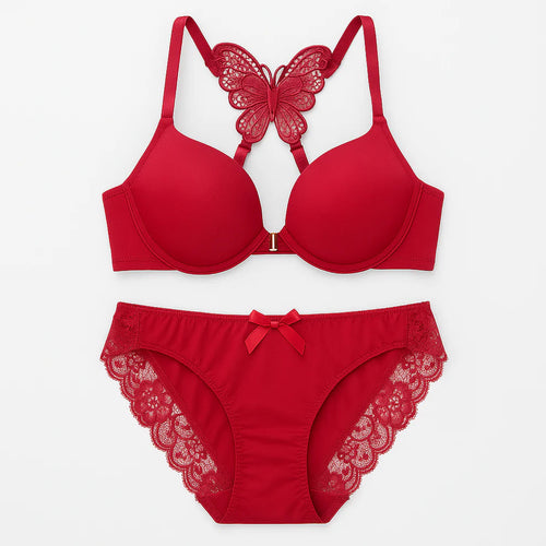 Front Open Butterfly Back Push Up Bra & Panty Set