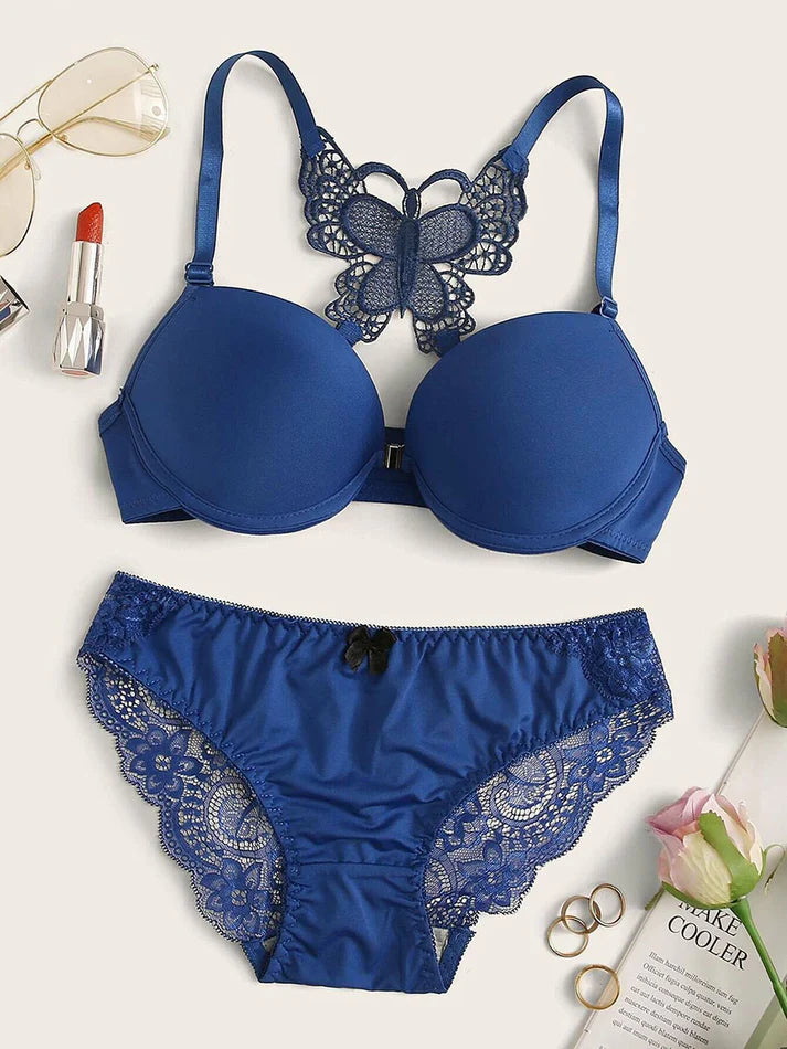 Front Open Butterfly Back Push Up Bra & Panty Set